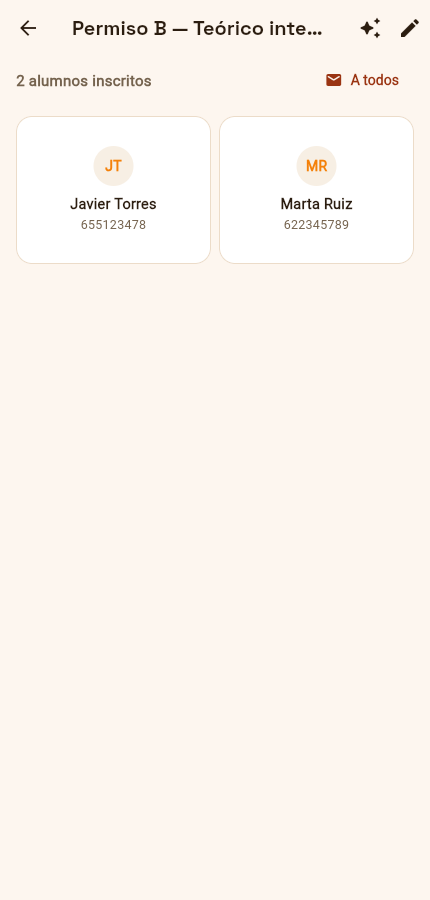 Pantalla real de la app: alumnos inscritos en una convocatoria