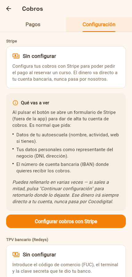 Pantalla real de la app: configurar cobros con Stripe