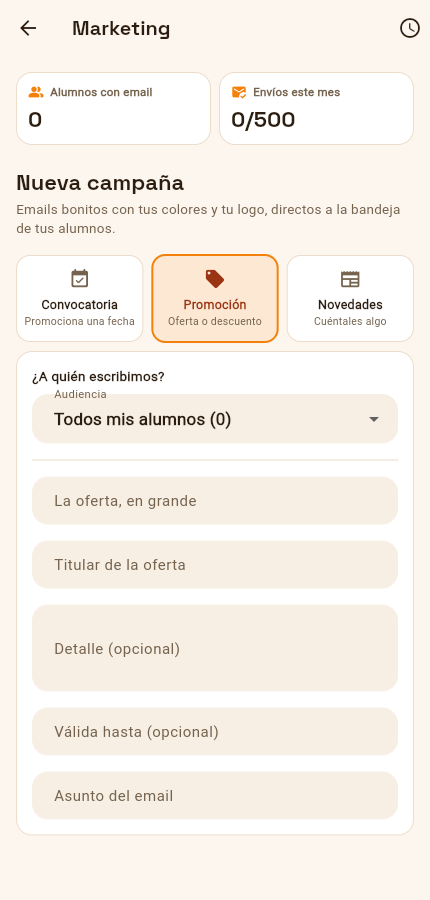 Pantalla real de la app: plantilla de campaña Promoción