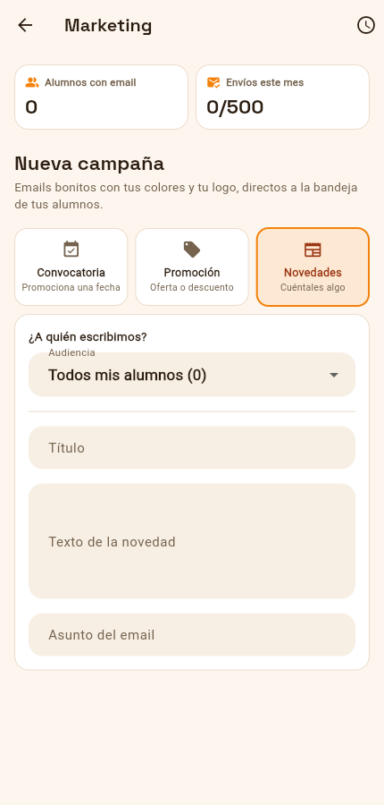 Pantalla real de la app: plantilla de campaña Novedades