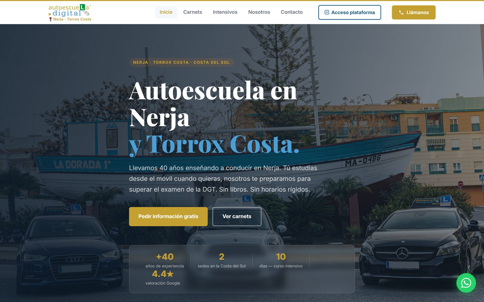Portada real de autoescueladigitalnerja.com: diseño a medida con su marca, su flota y sus datos