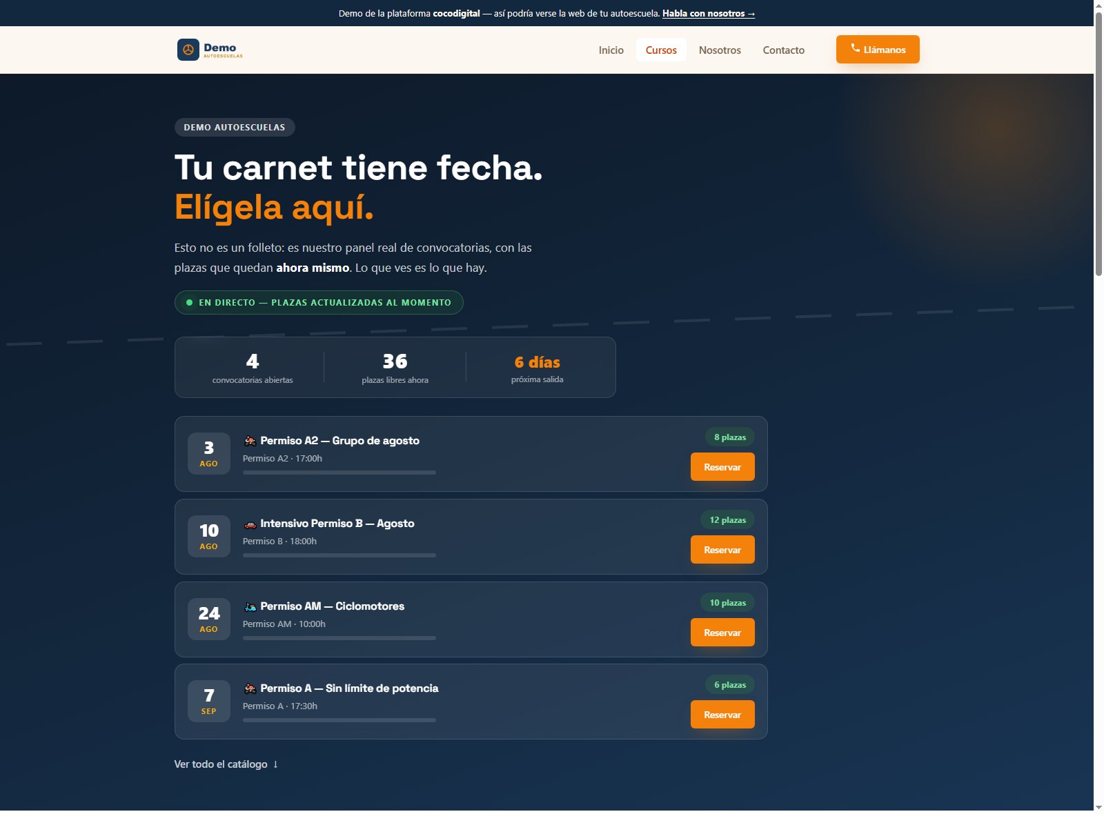 Panel real de convocatorias de la demo de Cocodigital: plazas actualizadas al momento y botón de reserva por curso